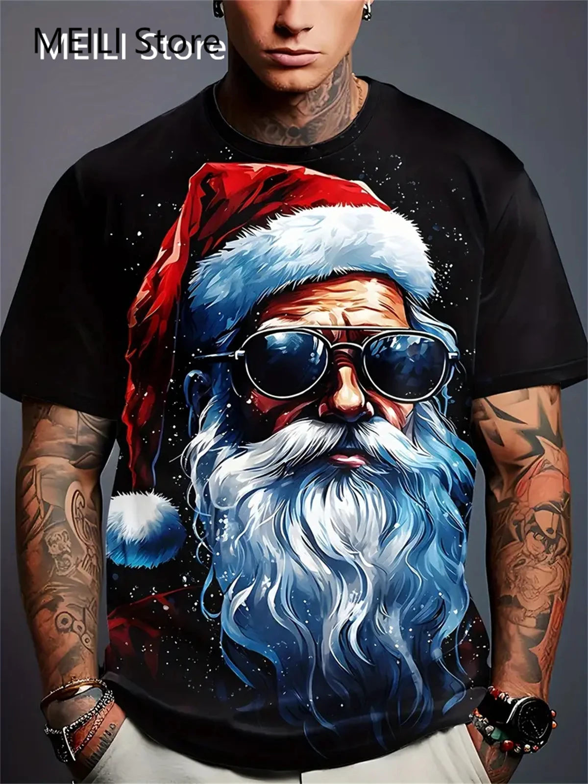 クリスマス 3D サンタクロースプリント Tシャツ男性カジュアル半袖 Tシャツファッション O ネックトップ新年ギフト特大 Tシャツ