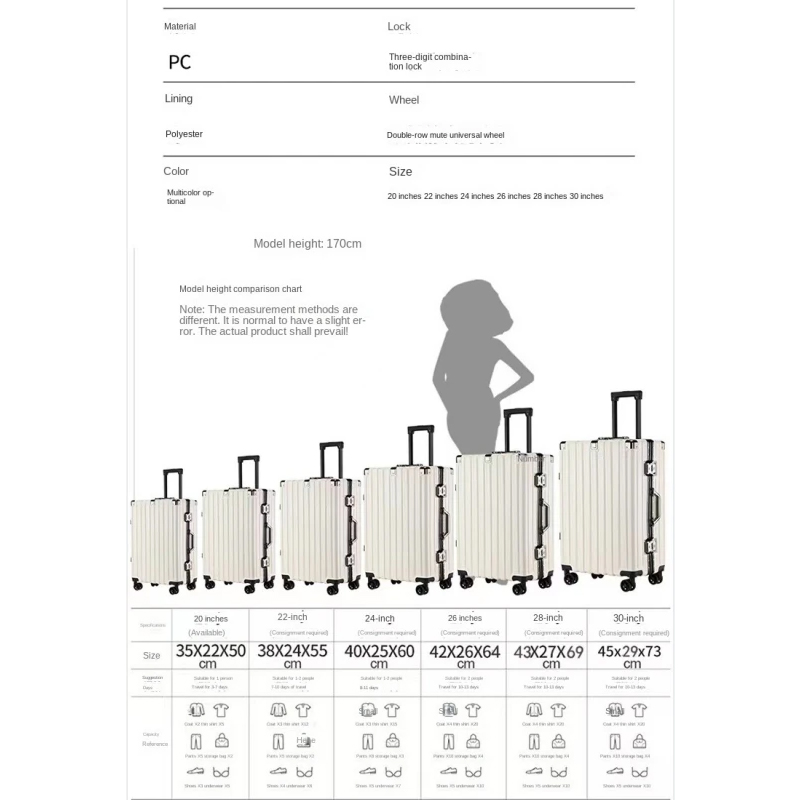 กรอบอลูมิเนียมกระเป๋าเดินทาง Boarding Universal ล้อ Rolling กระเป๋าเดินทางน้ําหนักเบารถเข็นล็อค 20/22/24/26 นิ้ว