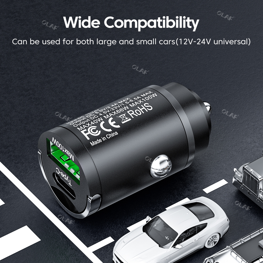 올라프 미니 100W PD QC 풀 링 고속 충전 차량용 충전기, USB C 차량용 휴대폰 충전기 어댑터, 아이폰 13, 12, 샤오미, 삼성, 화웨이용