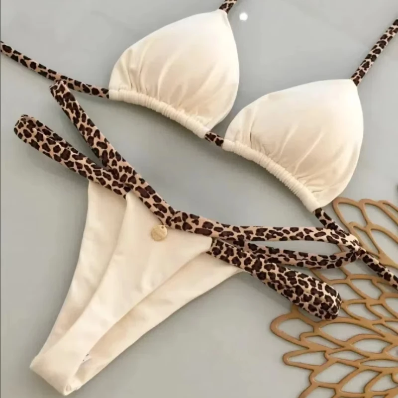 Nuevo Bikini para mujer, traje de baño para vacaciones en la playa, traje de baño con estampado de leopardo, conjunto de Bikini Sexy, ropa de playa, traje de baño con Tanga, Bikinis