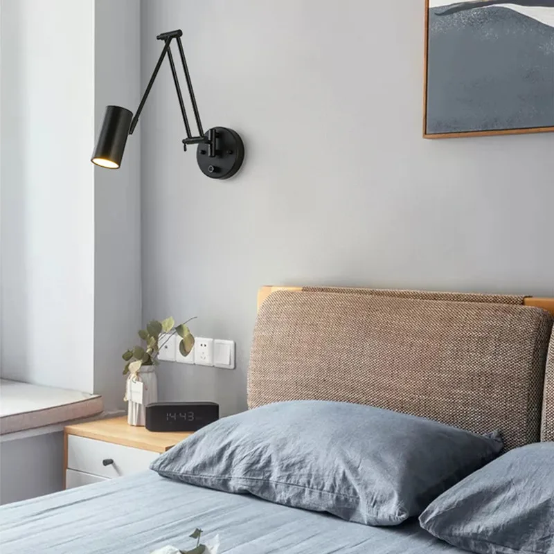 Lámpara Led de pared regulable para dormitorio, luz de lectura de cabecera, interruptor telescópico plegable, accesorio de iluminación de pared basculante creativo moderno para estudio