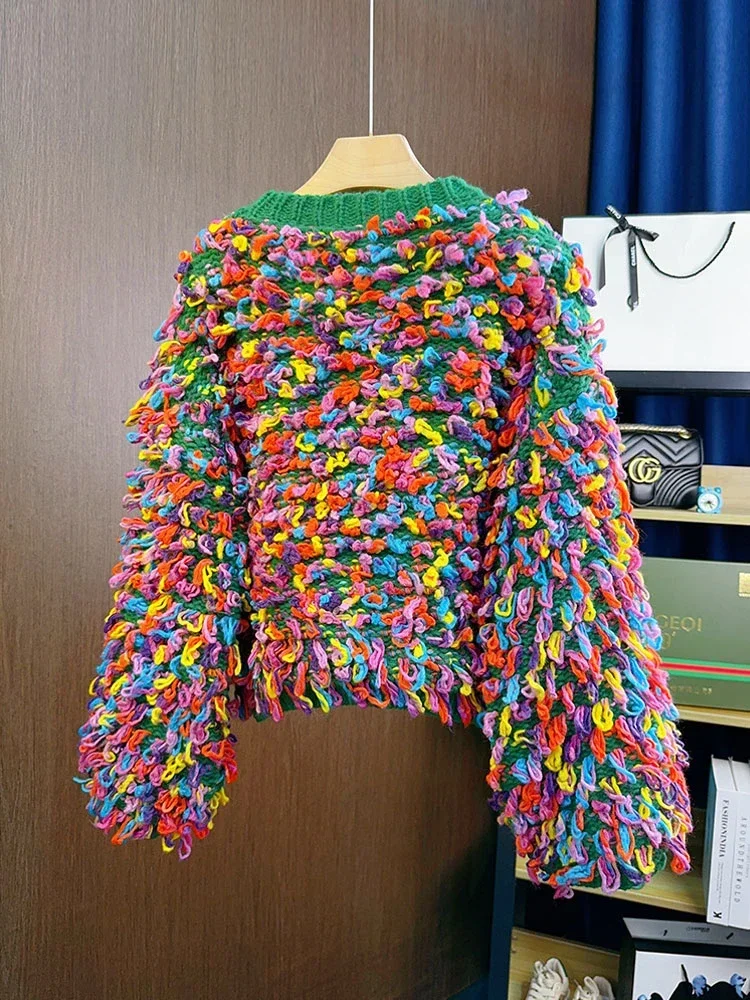 Fransen Häkelpullover Regenbogenfarbener handgemachter Pullover Rundhalsausschnitt Dicke Nadeln Strickpullover Strickwaren Herbst/Winter Damenbekleidung