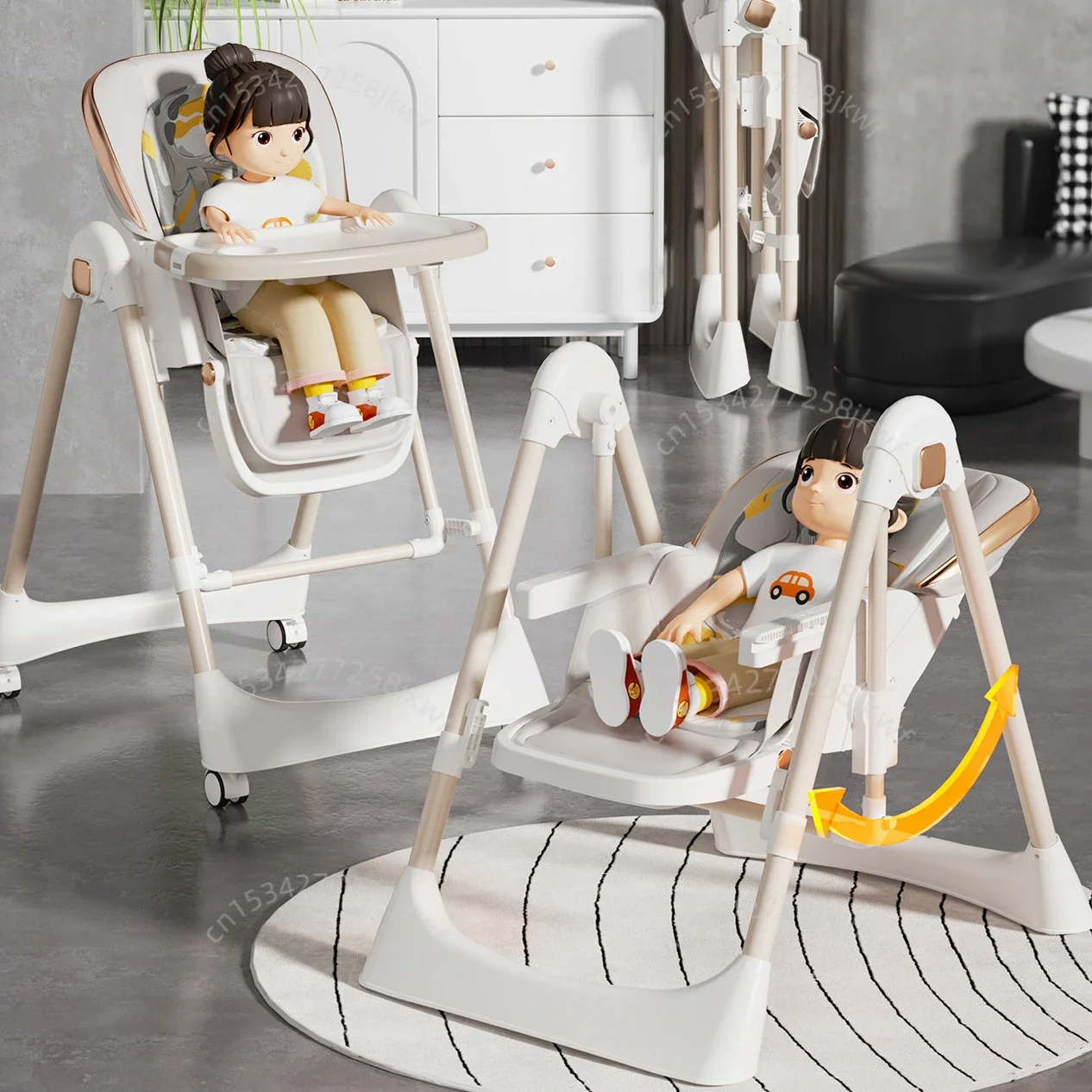 Cadeira de jantar para bebês dois em um, cadeira de balanço multifuncional para bebês, encosto e apoio para os pés com altura ajustável