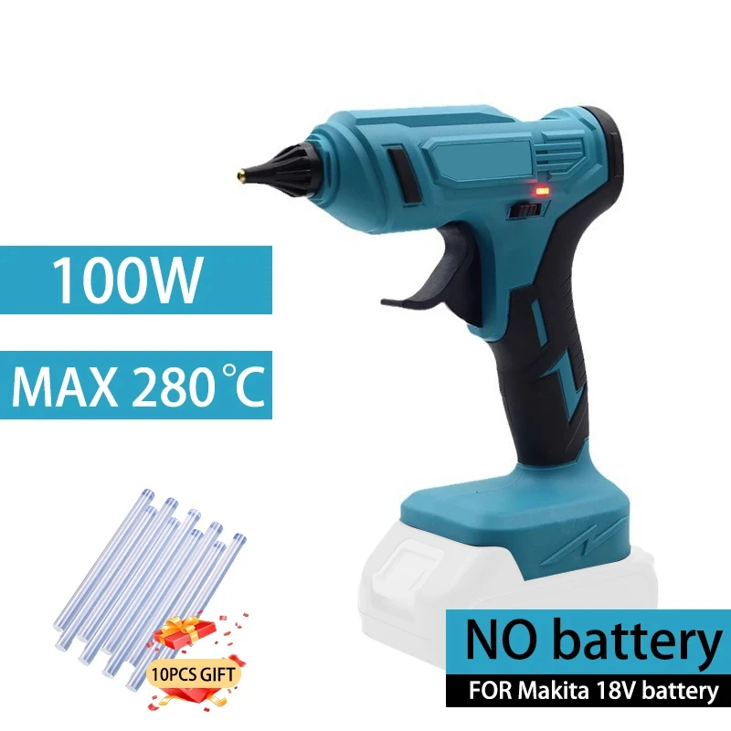 280 ° Pistolet do kleju na gorąco C 100W, akumulatorowy, z 10 szt. patyczków kleju 11mm do napraw DIY, narzędzie na baterię 18V