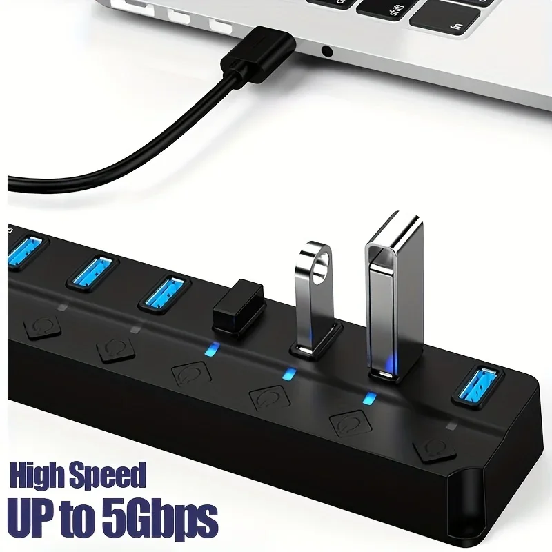 4/7-Port USB 3.0 Hub mit LED-Anzeige, unabhängige Schaltersteuerung für Laptop-Flash-Laufwerk, Festplatte, Drucker, Kameratasche