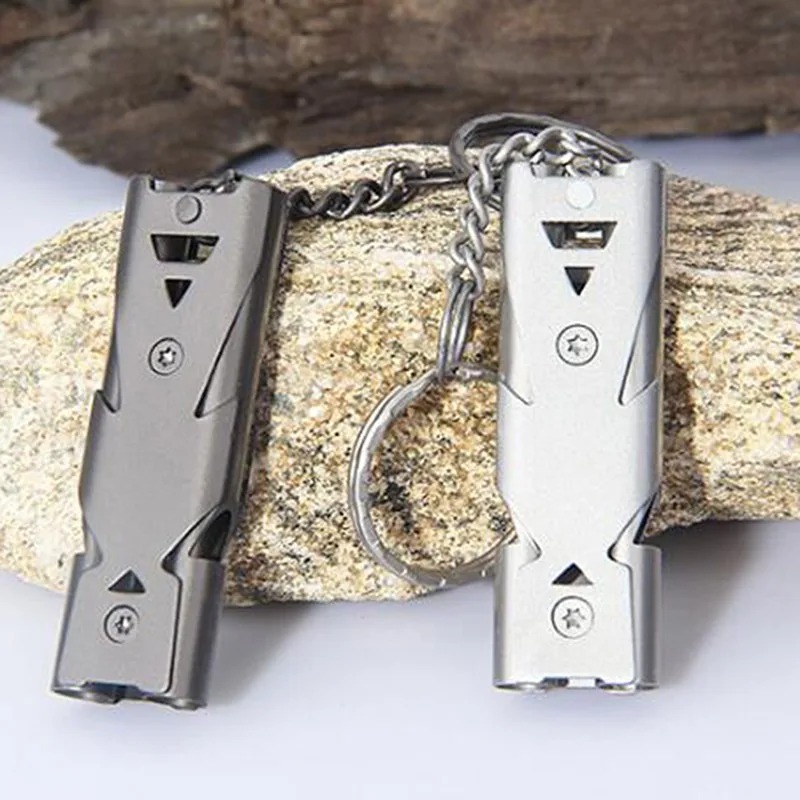 Doppelrohr Explosive Whistle Outdoor Distress Edelstahl Hochfrequenz-Erdbeben-Rettungspfeife Überlebenspfeife