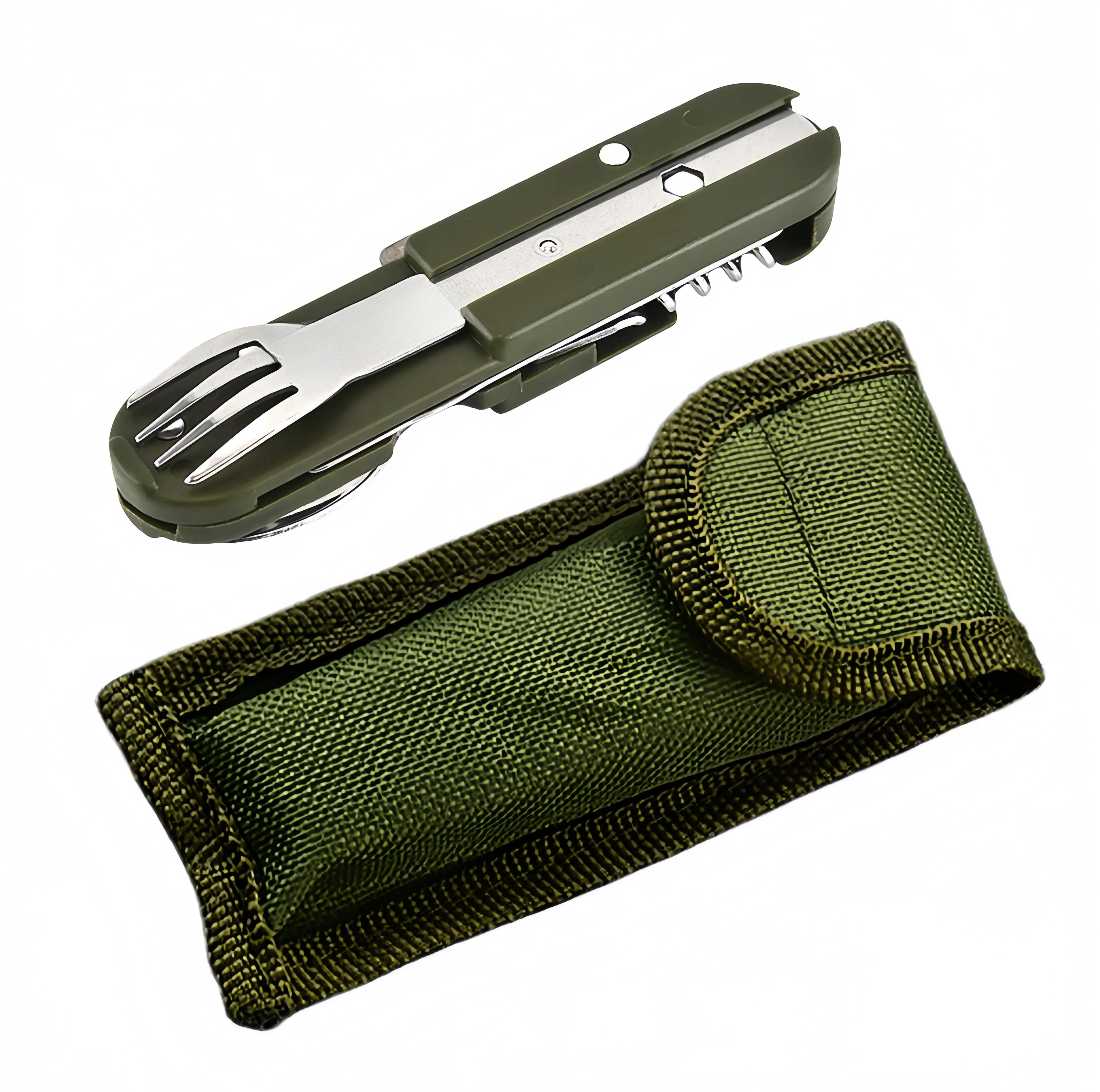 Outdoor 7-in-1 kampeeruitrusting Draagbare roestvrijstalen lepel, vork, mes, flesopener combinatieset Multifunctioneel EDC-gereedschap