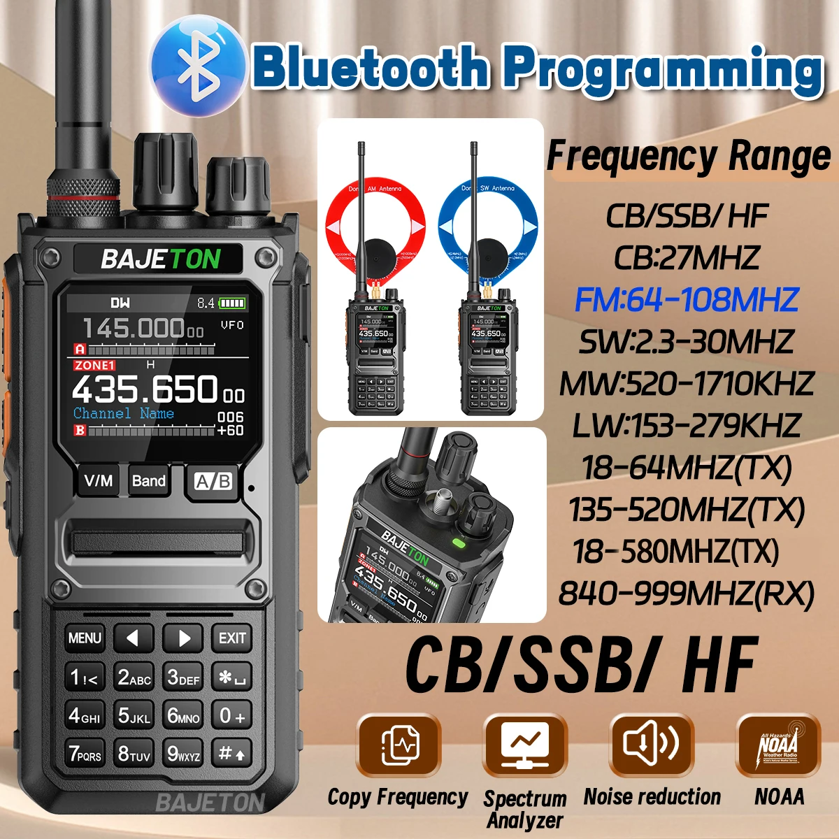 BAJETON BJ-7800 Walkie Talkie de largo alcance SW MW LW AM SSB CB 10W recibir programación inalámbrica de teléfono Bluetooth NOAA Radio bidireccional