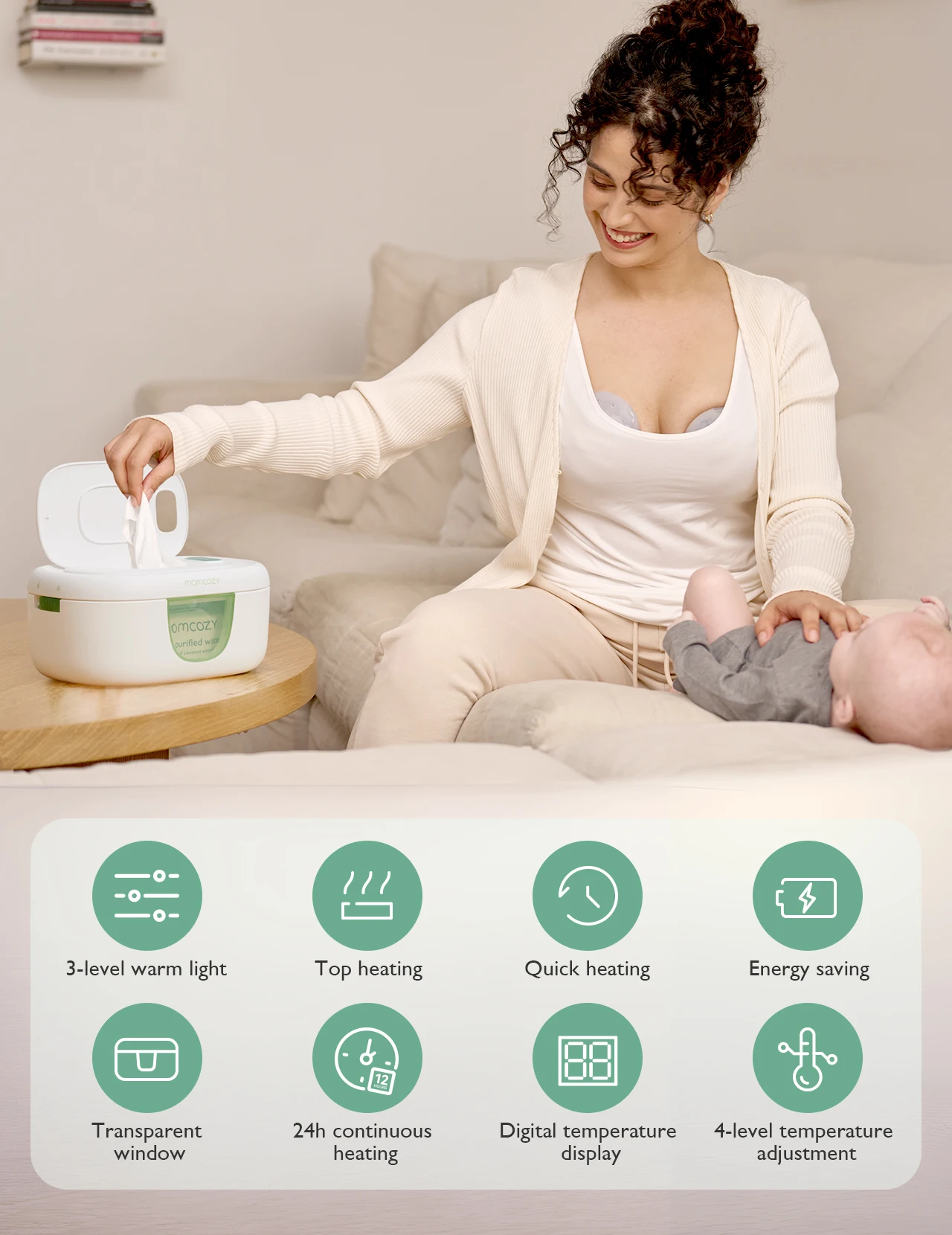 Aquecedor de lenços umedecidos Momcozy, grande capacidade, aquecimento rápido e uniforme, 4 modos de controle de aquecimento de temperatura, com luz noturna