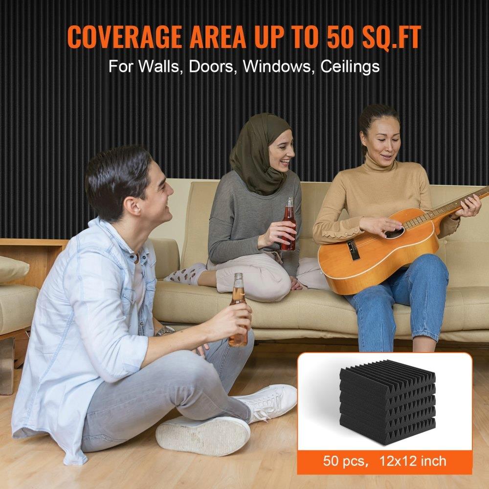 Acoustic Foam Panels Set of 50 Soundproof Wall and Ceiling Tiles 12x12x2 Inches for studio Room Decoration