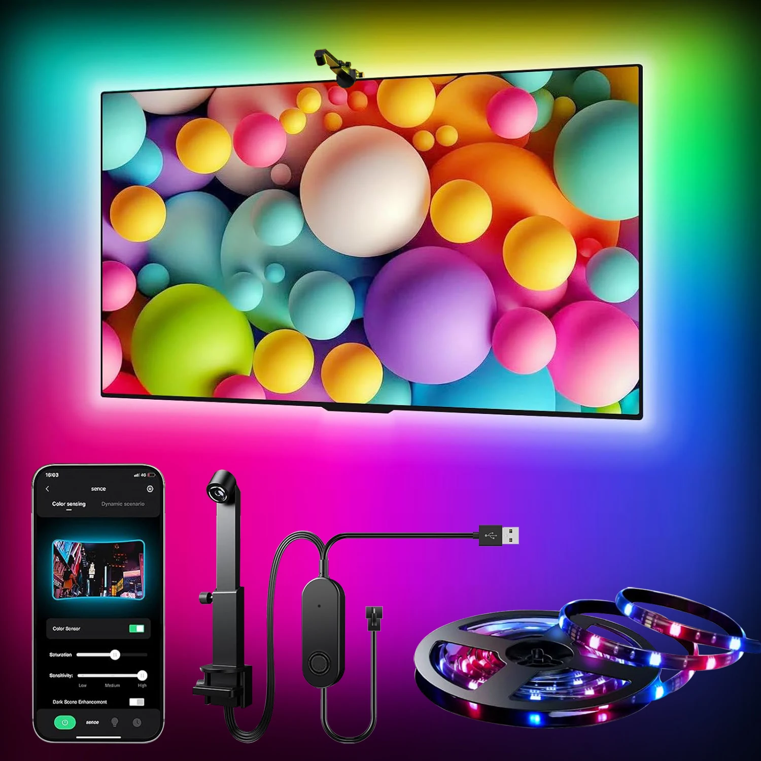 EISSLOLY Smart AR Color Gamut Sensor APP Control RGBIC LED Light Strip for TV Backlight  Gaming livingroom atmosphere Decoration