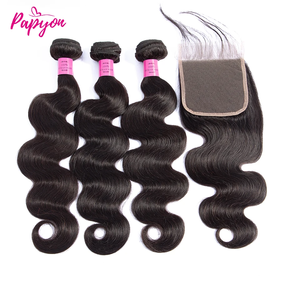 Pacotes de cabelo humano com fechamento 5x5 pacotes de onda do corpo brasileiro com fechamento 4x4 extensões tecer cabelo humano 3/4 pacotes remy