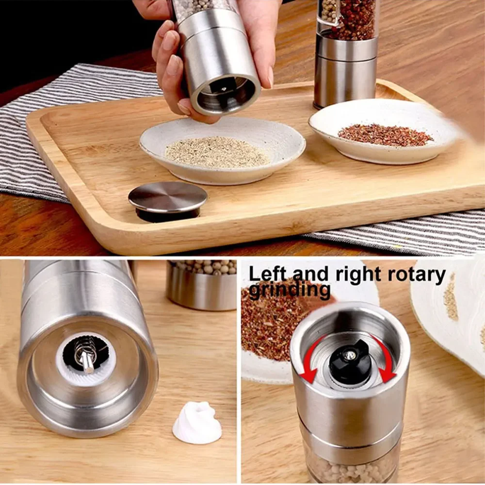 เครื่องบดเครื่องเทศแบบ2 in 1, เครื่องบดเกลือพริกไทยสแตนเลสพร้อมอุปกรณ์ที่ใช้ในครัวบดเซรามิกปรับได้