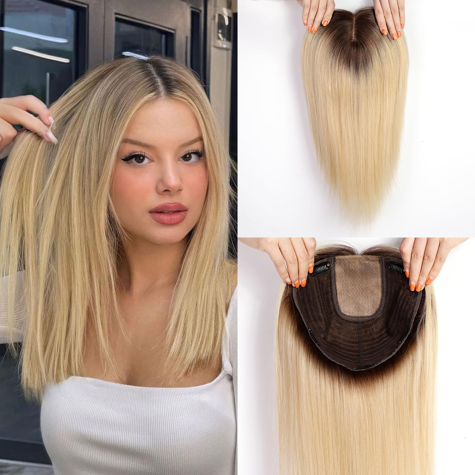 16 インチストレートレミー人毛トッパー女性のためのブロンドダークルートヘアトッパーヘアピースエクステンションクリップヘアトッパー