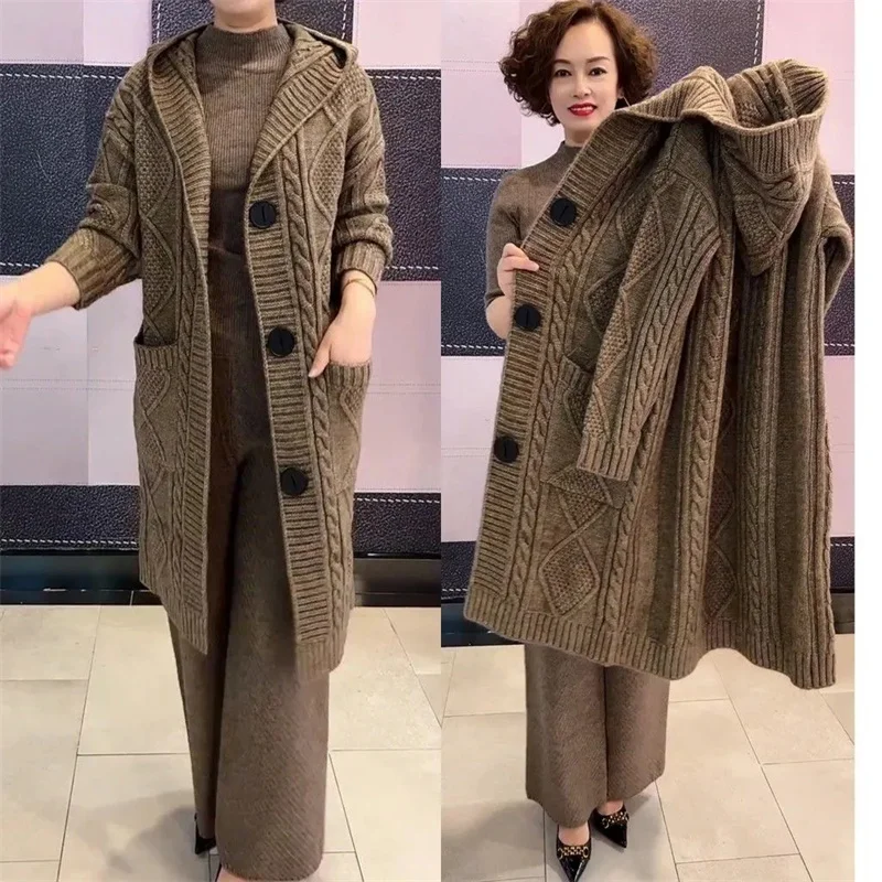 Primavera otoño 2024 nuevo cárdigan con giros de Jacquard suéter de talla grande para mujer largo con capucha de un solo pecho cárdigan de punto abrigo M-5XL