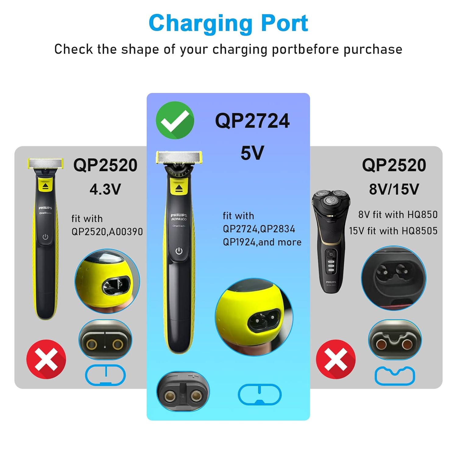 Cabo carregador USB Brangdy 5V compatível com Philips Norelco One Blade QP2724 QP2834 QP1424 QP1324 QP1924 QP4631 Barbeador elétrico