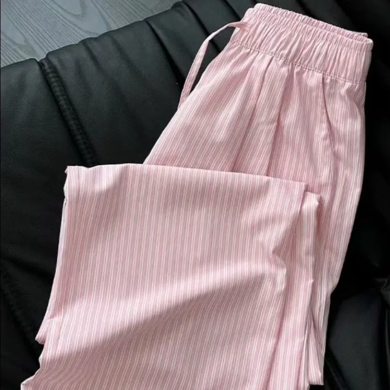 Calças de comprimento total femininas listradas bolsos cordão cintura alta em linha reta solta verão respirável resistente ao desgaste ulzzang ol casual