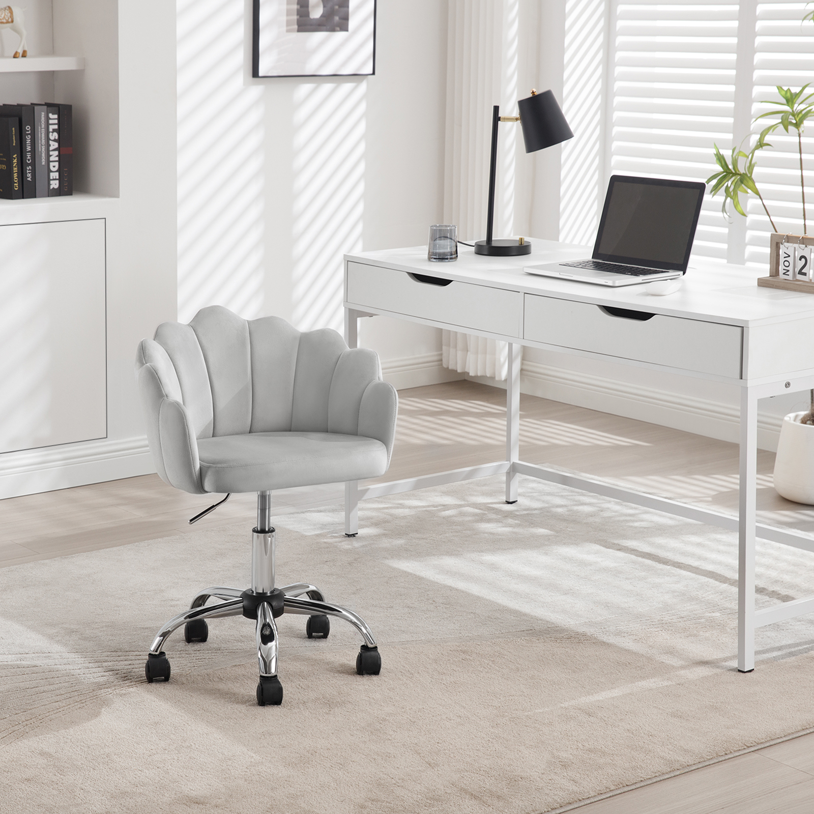 WOLTU – coiffeuse pivotante en velours, chaise de bureau ergonomique avec dossier pétale, roues, fauteuil à coque réglable en hauteur