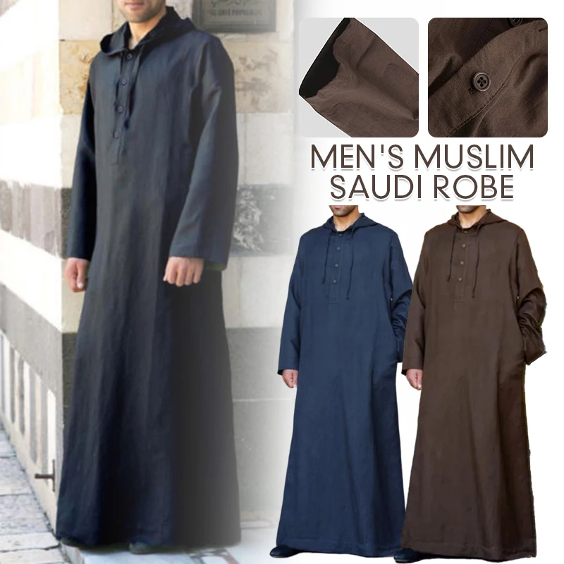 Odzież islamska męska z długim rękawem luźna muzułmańska męska Arabia Saudyjska Pakistan Kurta muzułmańskie kostiumy muzułmańska sukienka Kaftan Thobe z kapturem