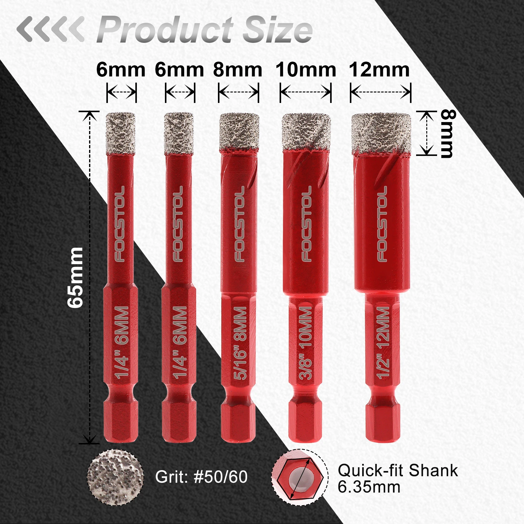 FOCSTOL Diamond Tile Drill Bit 5pcs Set Core Bits Quick Change Hex Shank 6 mm Carbide Drill Bit for Ceramic Porcelain Tile