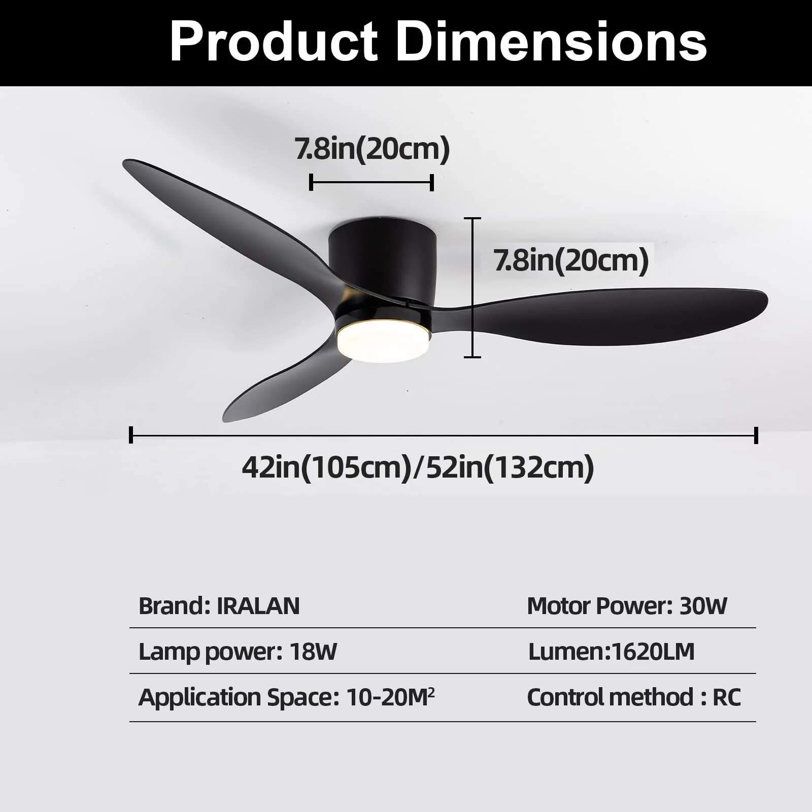 IRALAN Moderner einfacher Deckenventilator mit Licht, Wohnzimmer-Heimventilator, Schwarz, Weiß, niedriger Boden, Gleichstrommotor, Deckenventilatoren mit Fernbedienung
