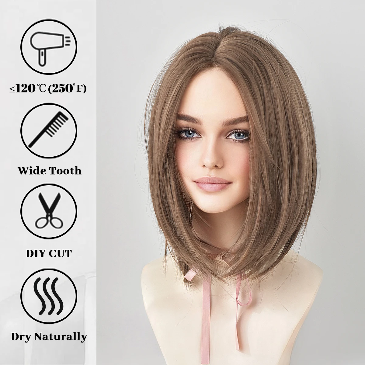 Pelucas sintéticas cortas y rectas con fecha diaria para mujer, pelucas Bob de Color lino con flequillo, pelo falso resistente al calor para fiesta de Cosplay