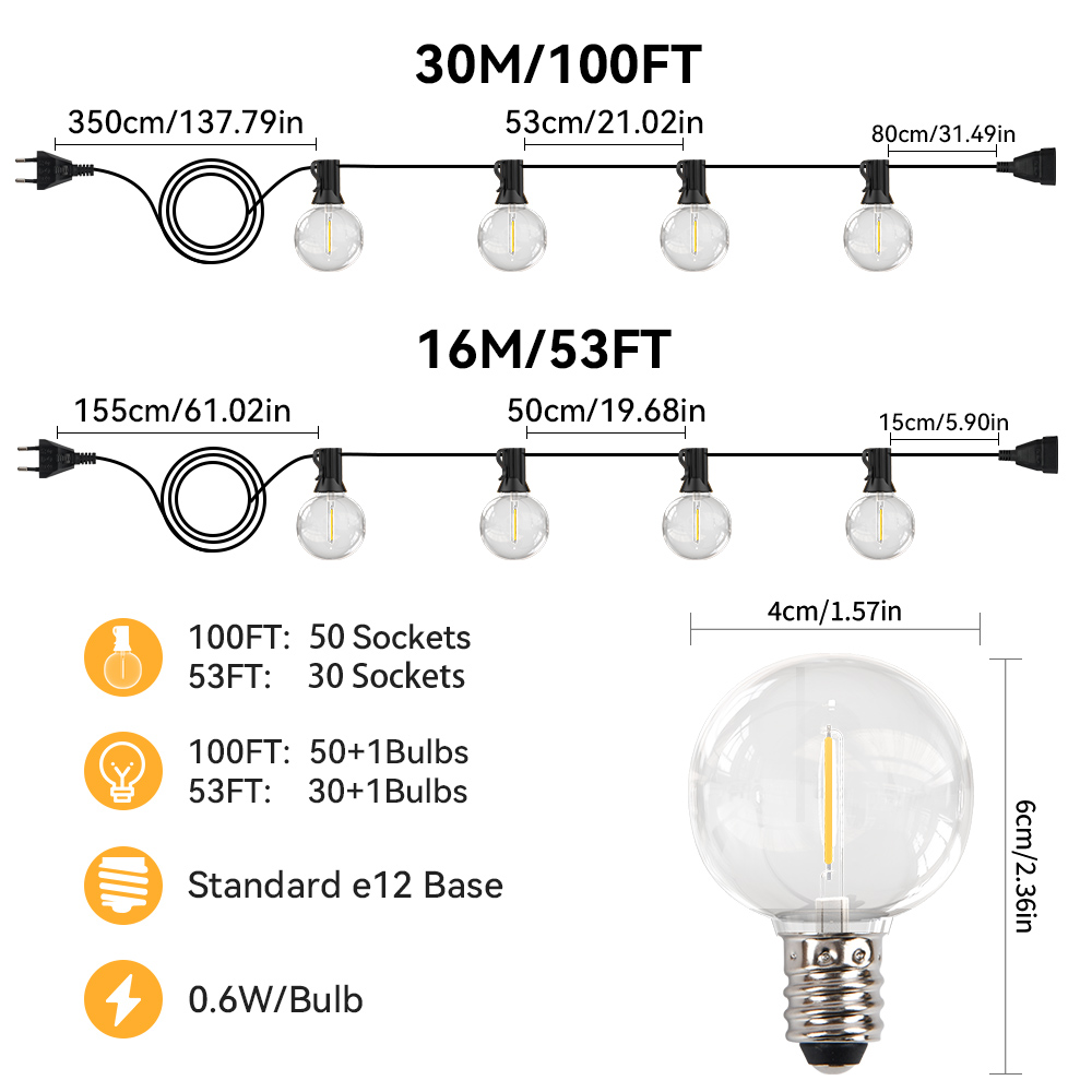 30M LED Fata String Light Globo Party Ghirlanda Luce G40 Luce festone Luce bianca calda Decorazione di nozze per cortile esterno