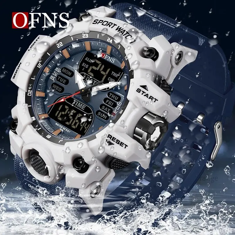 OFNS トップデュアルディスプレイメンズ腕時計防水スポーツウォッチ軍人アラームストップウォッチクォーツ腕時計男性デジタル時計