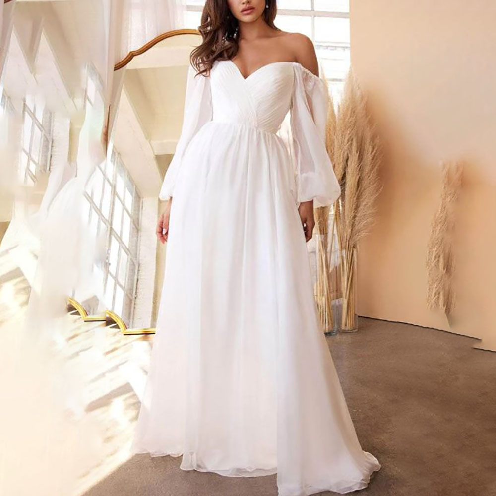 A-line Chiffon Sweetheart Sheer Bishop Sleeves Ruched V-Open Back Zipper Closure Sweep Train Wedding Guest Party Dress
