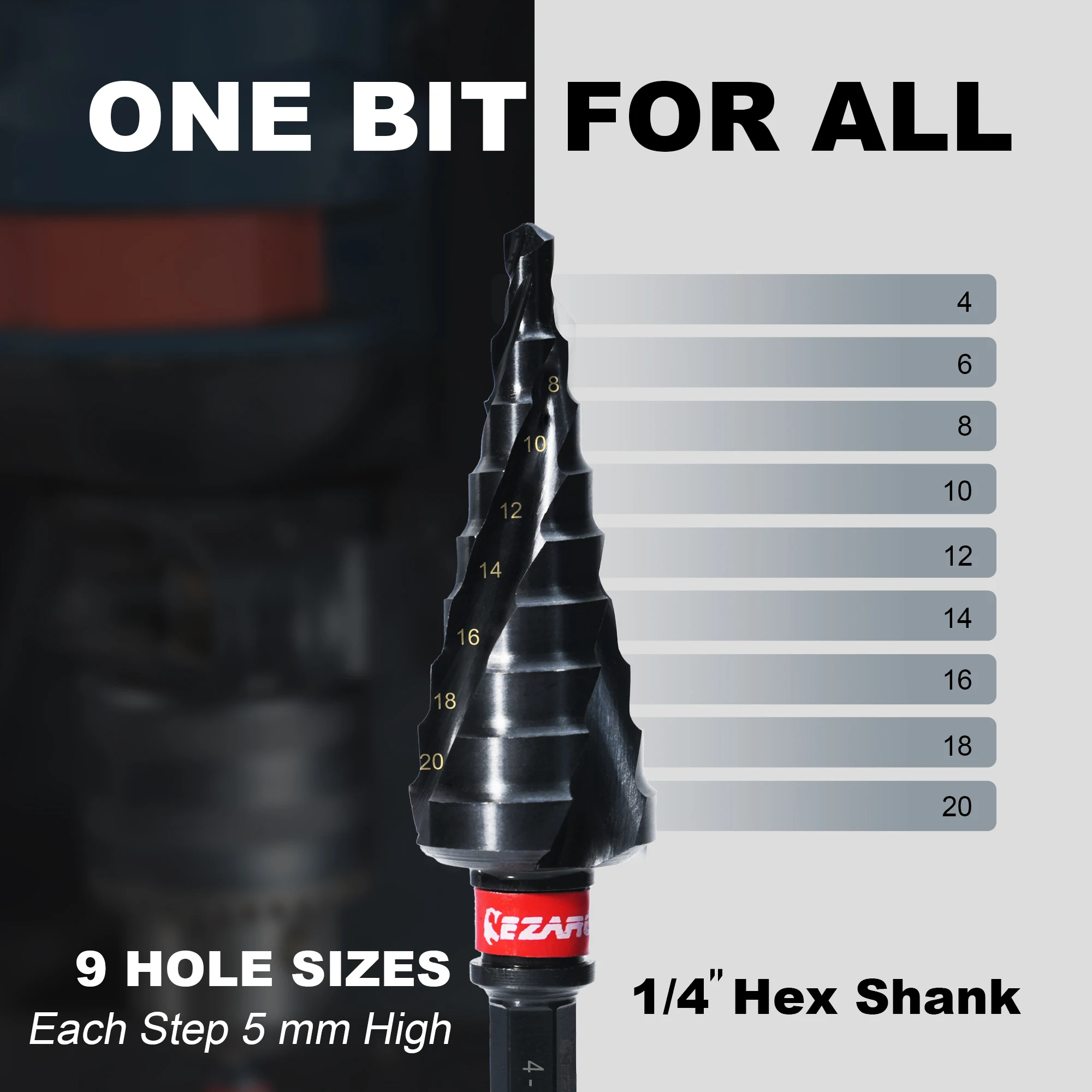 EZARC Step Drill Bit for Metal, 4-20mm M35 Spiral Flute Unibit Step Drill Bit 1PC, Wear-Resistant AlTiN Coated Universal Bit