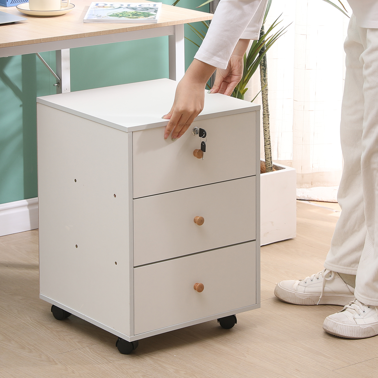 BonChoice 3 Drawers Mobile File Cabinets Pedestal Office Filing Cabinet Lockable with Rolling Casters, Wood Under Desk Storage