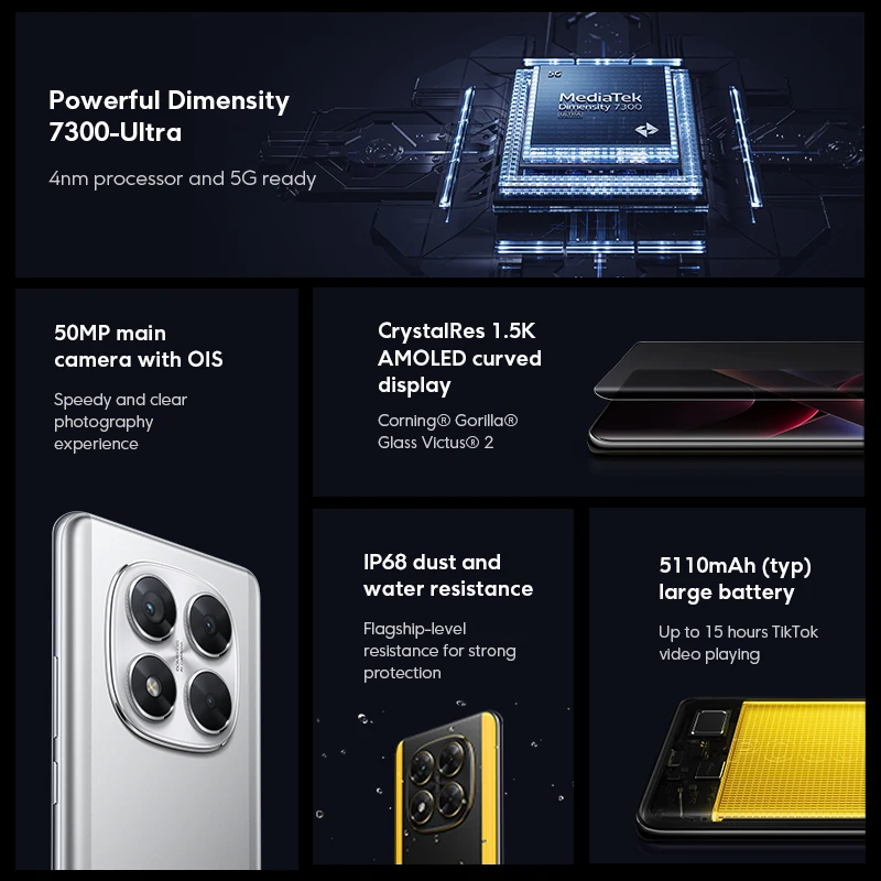 【Marchio+】POCO X7 Smartphone Dimensity 7300-Ultra 6.67"120Hz Display AMOLED 45W 5110mAh 50MP Fotocamera IP68 Xiaomi HyperOS NFC