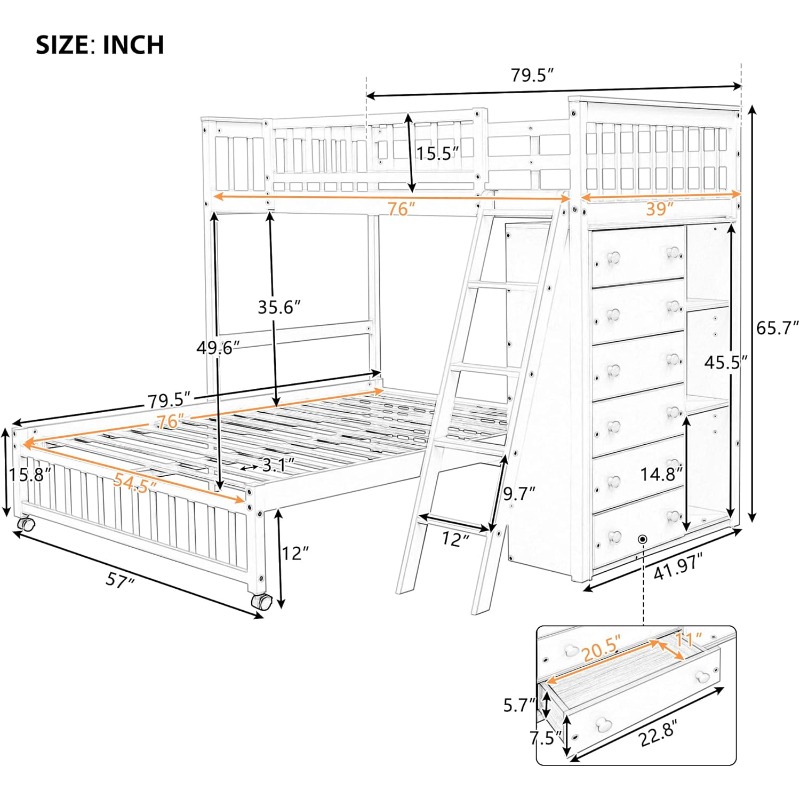 Harper & Bright Designs Twin Over Full Bunk Bed with 6 Storage Drawers and 3 Shelves, Wood Twin Loft Bed with Movable Lower Bed
