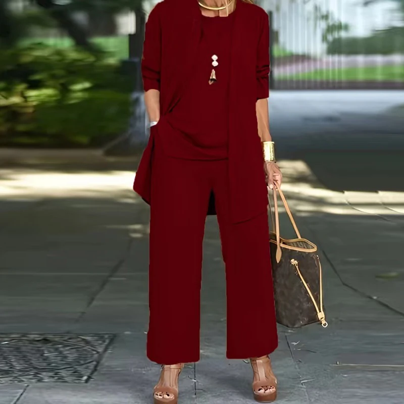 Conjunto informal de tres piezas con chaleco y cuello redondo para mujer, conjunto elegante de pantalones sueltos de Color sólido, moda de otoño e invierno, traje de manga larga