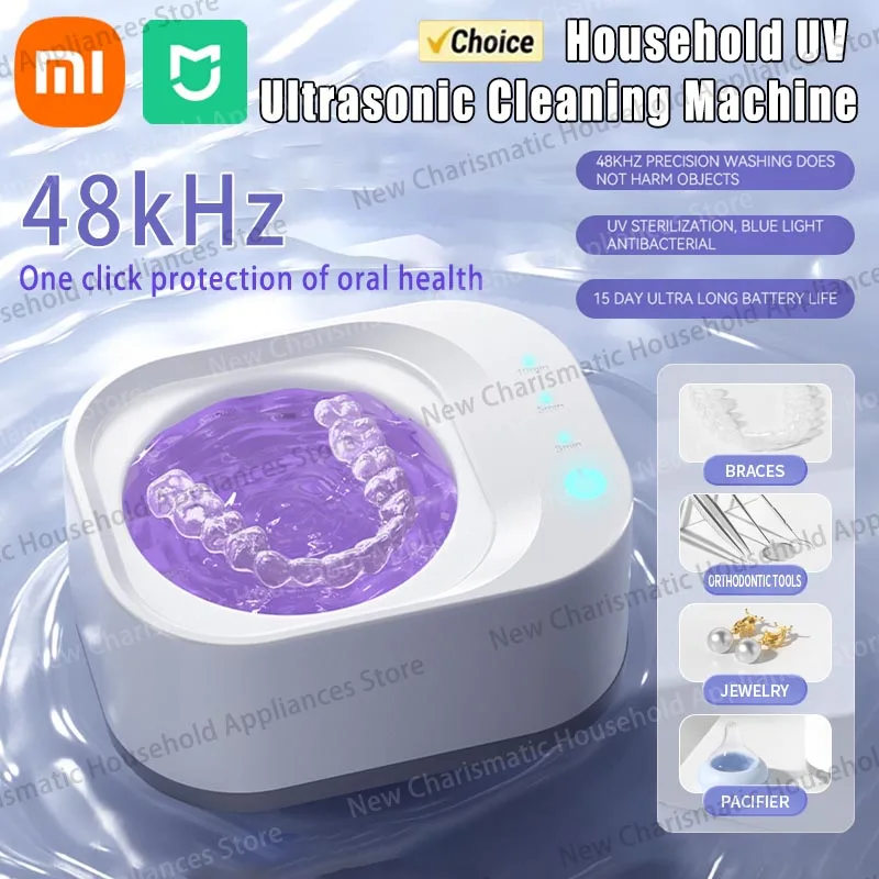 Limpiador ultrasónico Xiaomi de 48KHz, esterilización UV para dentaduras postizas, joyería, gafas, uso doméstico, desinfección 99.9%, limpieza rápida de 5 minutos