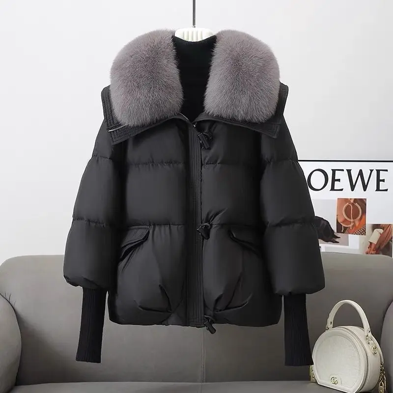 Doudoune Courte Rembourrée pour Femme, Parkas à Col en Fourrure, Optique, Vêtements de Combinaison en Coton, Noir, Décontracté, Nouvelle Collection Hiver 2025