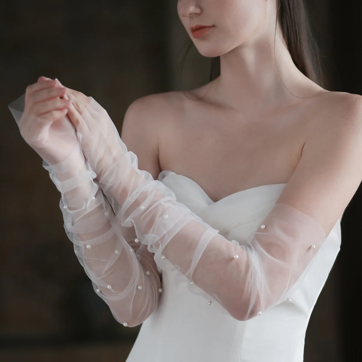 SLBRIDAL-Mangas de vestido de novia sin aletas para mujer, guantes de encaje hechos a mano, flores y perlas, accesorios de fiesta para damas de honor y graduación