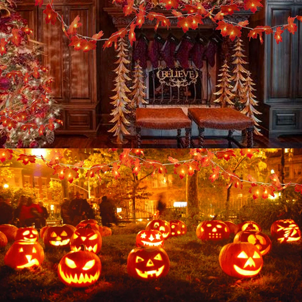 หมอนแฟชั่น Lighted Fall Garland Maple ใบ String สำหรับในร่มฤดูใบไม้ร่วง Home Party ตกแต่งฮาโลวีน