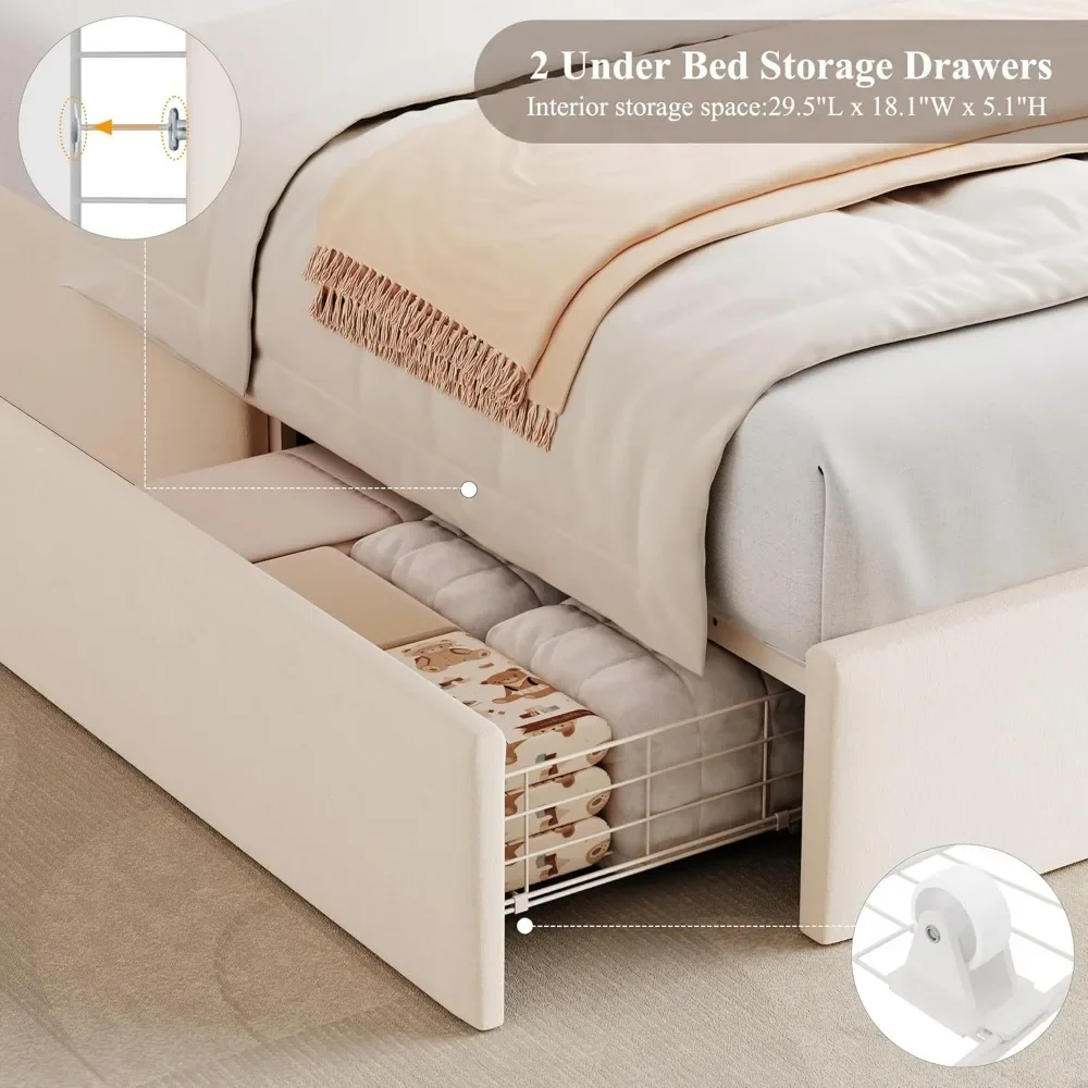 Twin LED Bed Frame with Storage Headboard and Charging Station, Kids Bed Frame, Upholstered Platform Bed Frame with Bookcase