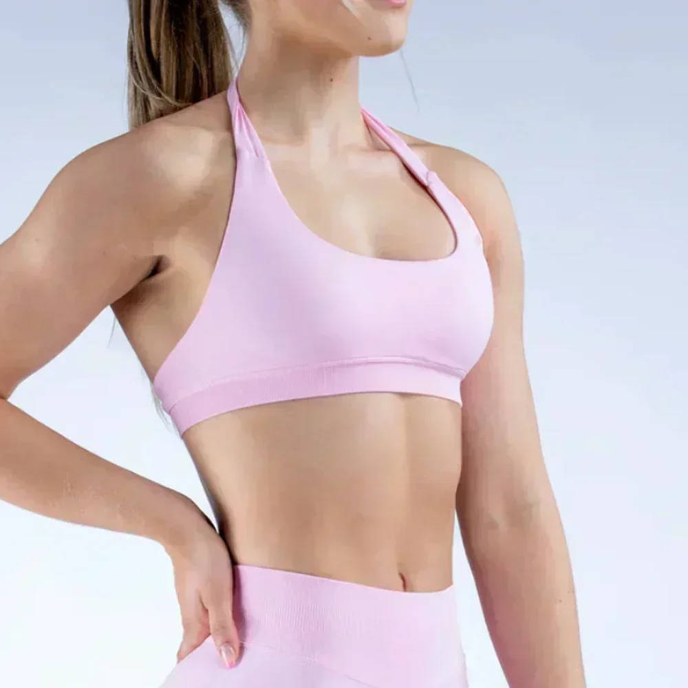 Sujetador deportivo de impacto con Logo para mujer, sujetador sin costuras con cuello Halter y tirantes, espalda abierta, Top de Yoga para Fitness, soporte para entrenamiento, Top corto de gimnasia