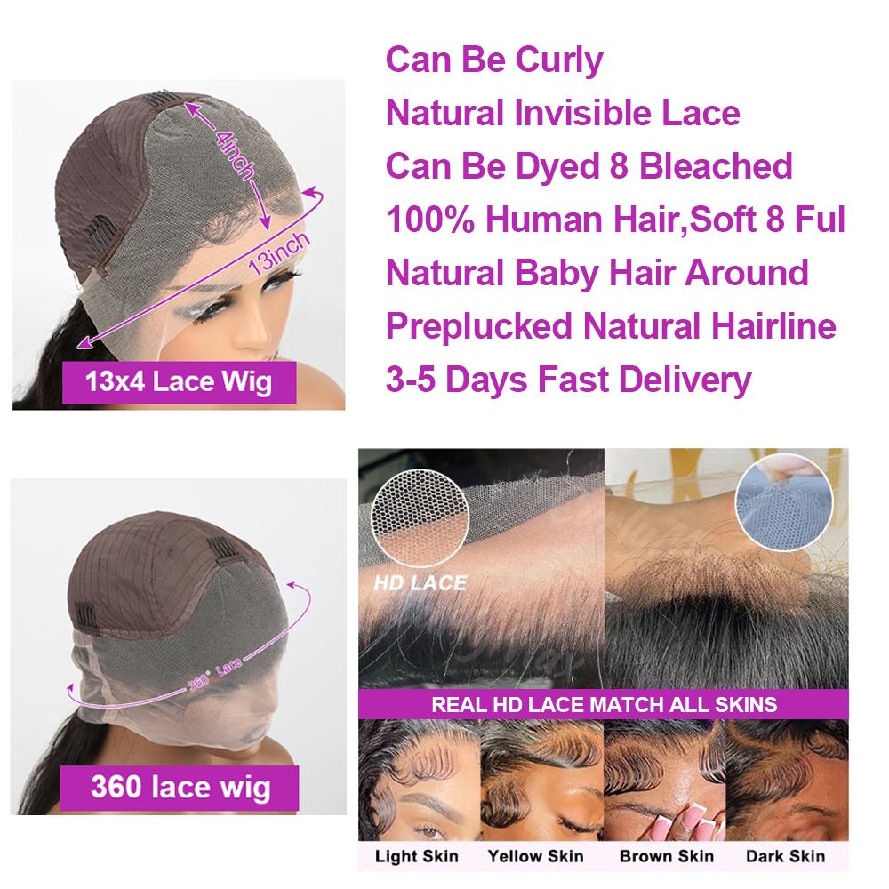 Perruque Lace Front Wig sans colle naturelle ondulée, cheveux humains, Deep Curly Wave, Full HD 300%, 40 pouces, densité 360