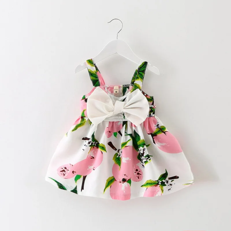 新しいかわいいプリントノースリーブ新生児プリンセスドレス夏の女の赤ちゃんのドレスビッグリボン女の赤ちゃんの誕生日ドレス女の赤ちゃんの服