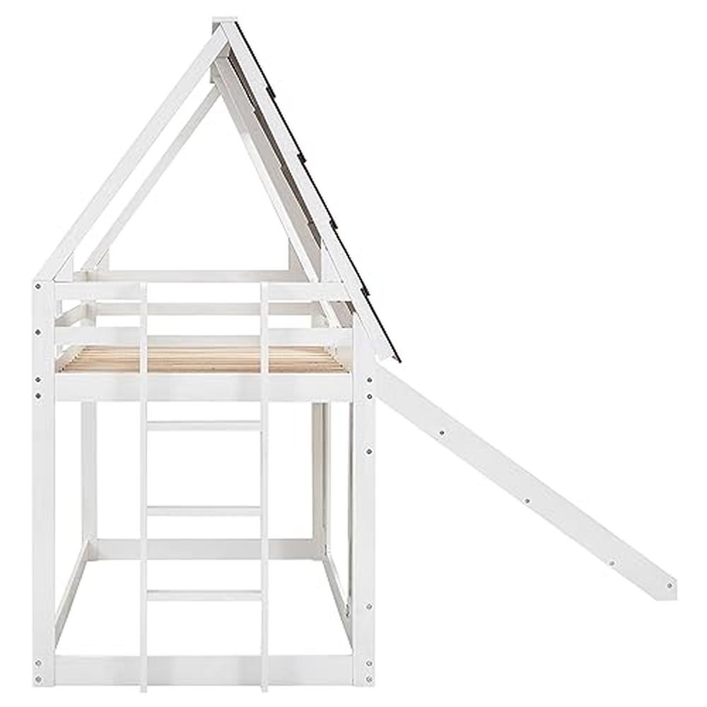 Wooden Twin Bunk Beds with Slide and Playhouse Design White Pine Wood Low Bunk Bed