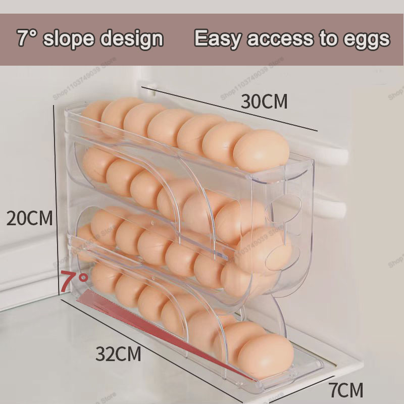 Caja de almacenamiento de huevos rodante automática para el hogar, refrigerador de cocina, puerta lateral, estante de conservación de huevos, 30 cajas de huevos, almacenamiento de huevos de 3 capas