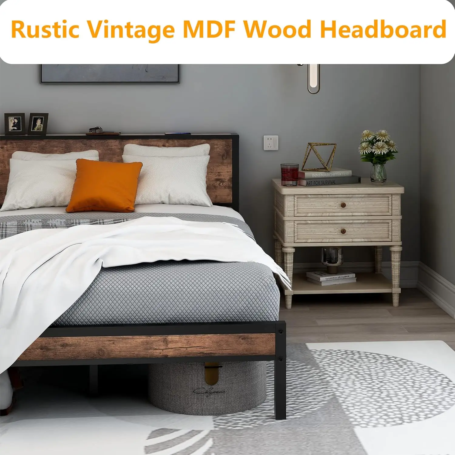 Double Bed Frame Metal Platform Bed Frame with Wood Headboard/Mattress Base/Underbed Storage/No Box Spring Needed/Brown