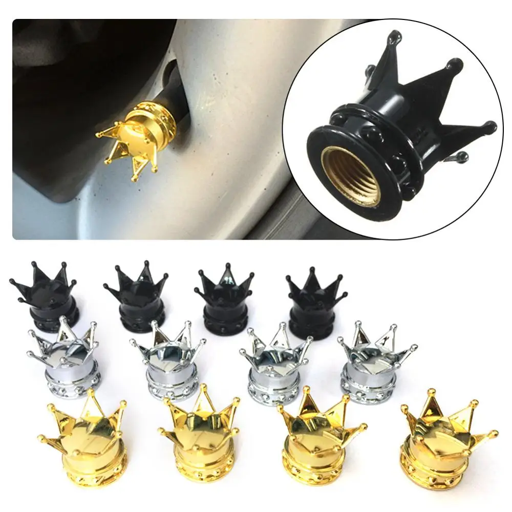4 Uds. Tapa de válvula de neumático de corona, válvula de aire de rueda de coche, tapas a prueba de polvo, cubiertas antipolvo para válvula de neumático de motocicleta, decoración de corona, accesorios para automóviles