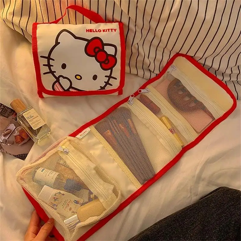 Sanrio Hello Kitty Kosmetiktasche, Cartoon-Motiv, niedlich, große Kapazität, faltbar, Aufbewahrung, Reisetasche, Kawaii, tragbar, kariert, Handtasche