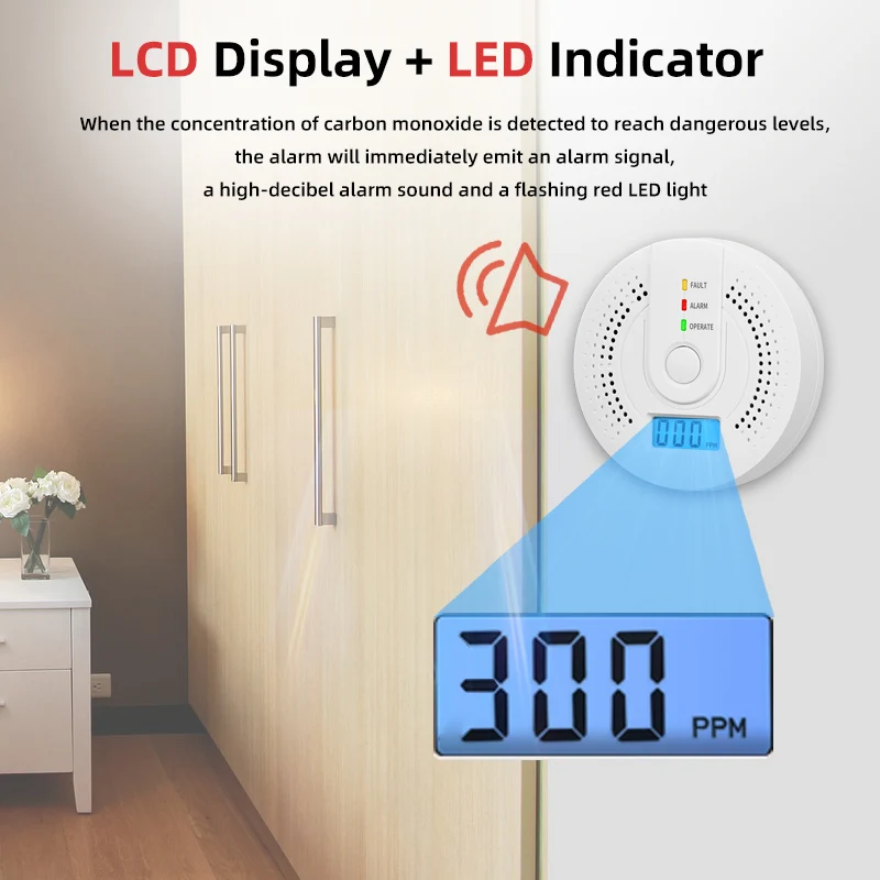 Sensor de alarma de CO independiente, Detector de alarma de monóxido de carbono, advertencia de alta sensibilidad, pantalla LCD, alarma de CO con UL2034