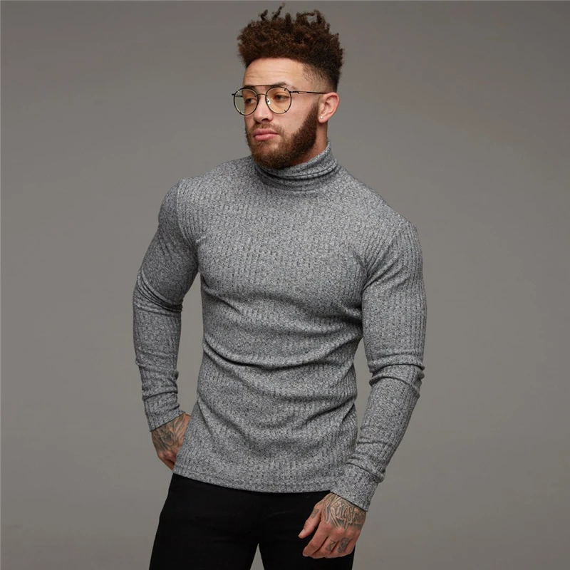 Outono inverno moda gola alta dos homens suéteres finos casual rolo pescoço sólido quente fino ajuste suéteres masculino gola alta pulôver masculino