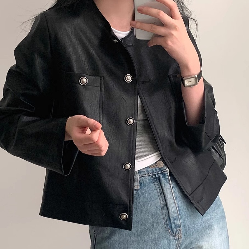 Chic Early Autumn Retro Slish Single Button Loose Casual PU Leather Jacket Long Sleeve Short Outerwear Women's Fashion
